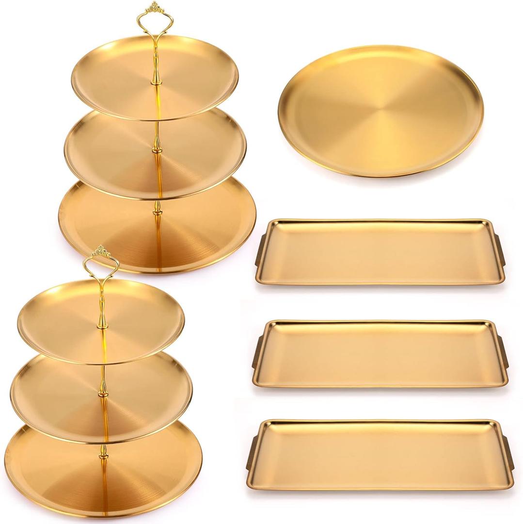 Zubebe 6 Pcs Dessert Table Display Set 2 Stainless Steel Cupcake Stand 3 Tier Cake Holder 3 Rectangle Serving Tray 1 Round Cake Tray Tiered Candy Cupcake Tower for Party Wedding Birthday (Gold)