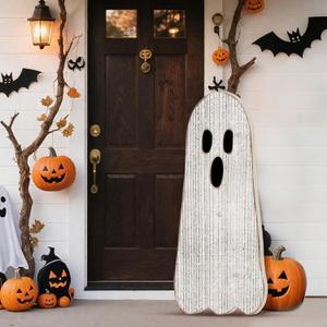 42 Inch Halloween Porch Sign Wooden Halloween Yard Decor Ghost Front Door Welcome Standing Sign Farmhouse Home All Saint's Day Wall Standing Decorations Outdoor Display Decor(Spooky Ghost)
