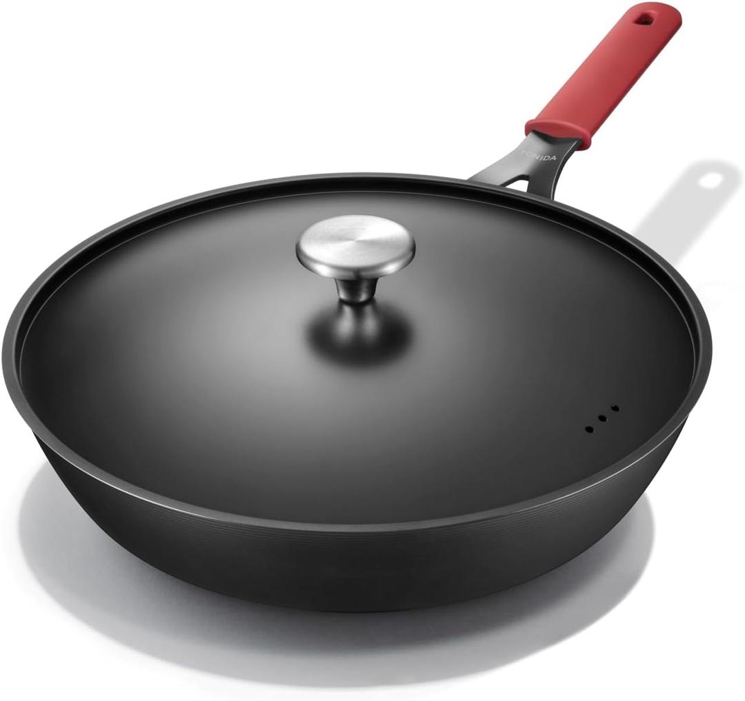 Carbon Steel Pan, 18.123 Inch Nonstick Frying Pan Skillet with Lid
Pre-Seasoned Carbon Steel Cookware with Removable Silicone Handle Holder, Indoor/Outdoor, Induction & Oven Safe