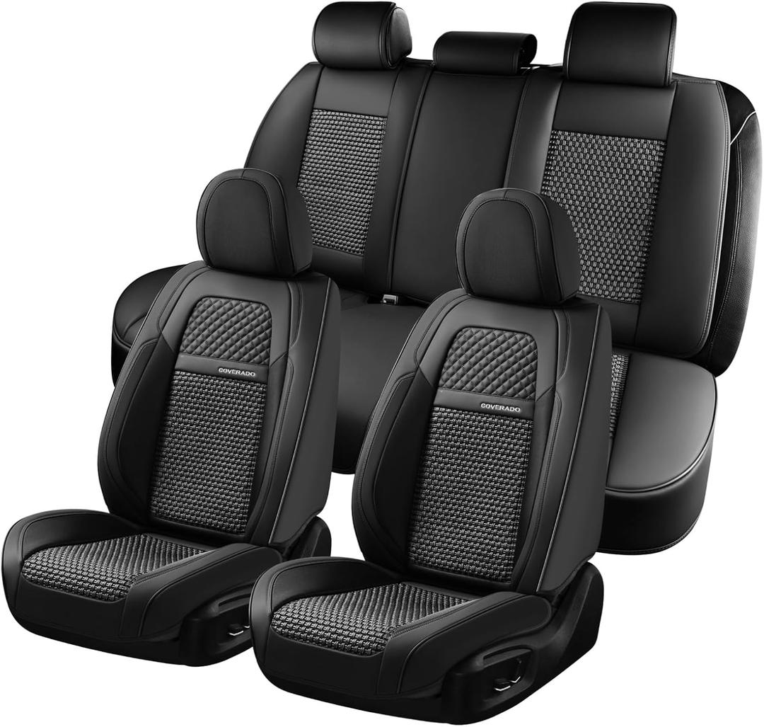 Coverado Car Seat Covers Full Set, Nappa Leather Black Seat Covers for Cars, Waterproof Car Seat Protector, Front and Back Seats Universal Fit for Most Vehicles