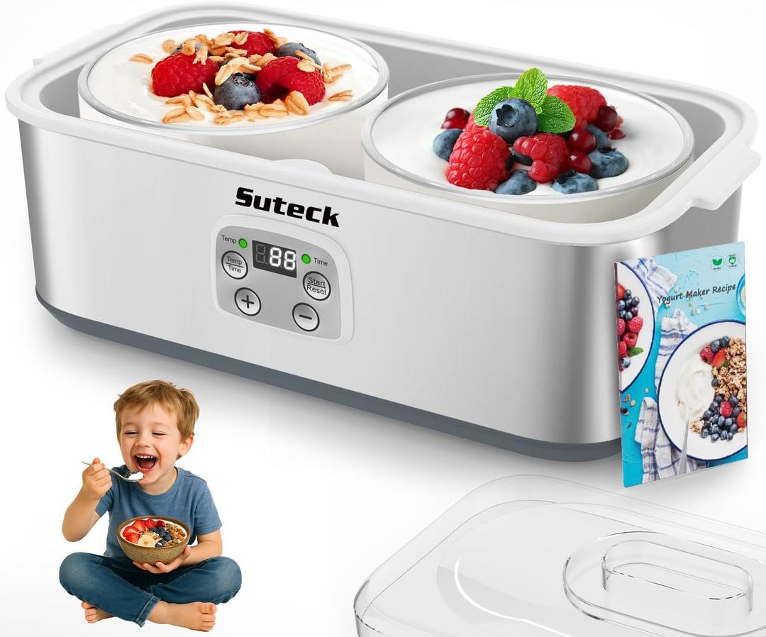 Suteck Yogurt Maker with Glass Jar- Stainless Steel Yogurt Machine with Adjustable Time & Temp Control, Homemade Greek, Probiotic Yogurt, BPA-Free 2 Yogurt Bowls (2 Quart)