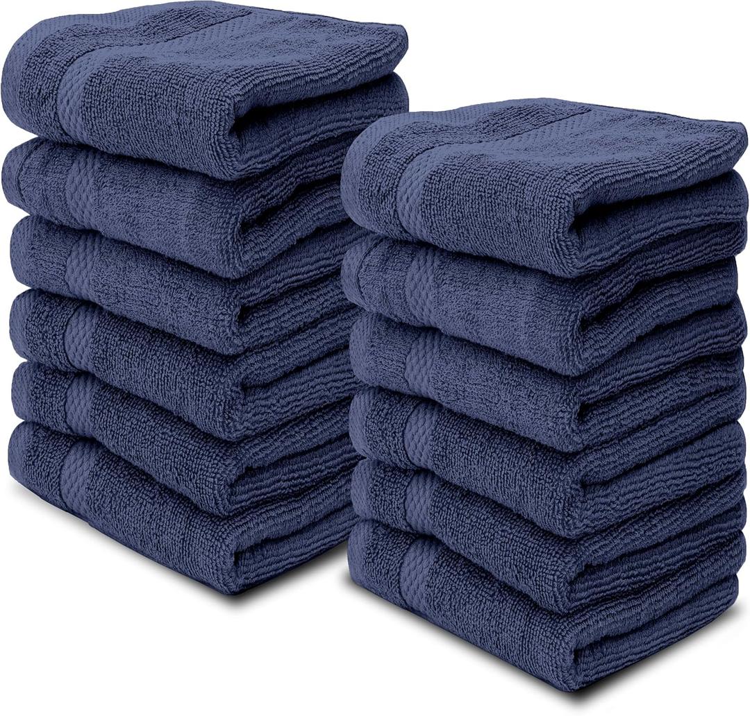White Classic Luxury Cotton Washcloths 13x13 Inch - 650 GSM Turkish Cotton | Hotel, Spa, Bathroom Face Towel | 12 Pack, Navy Blue