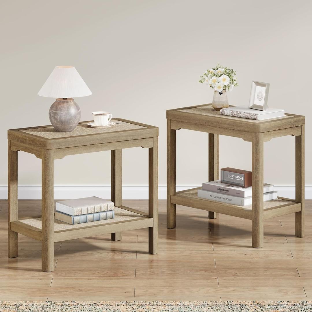 Eclatara Night Stand Set of 2, Farmhouse End Table with 2 Tier Boho Rattan Shelves, Side Tables with Round Edge Design, Ultra-Thick Legs Bedside Nightstand for Bedroom, Caramel Oak
