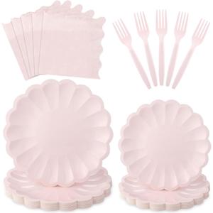 96 Pcs Pink Paper Plates and Napkins Easter Party Supplies Serve 24 Guests Include Light Pink Scalloped Plates Napkins Plastic Forks for Baby Bridal Shower Wedding Mother's Day Birthday