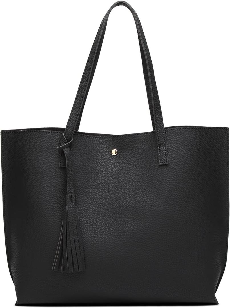 Dreubea Women's Soft Faux Leather Tote Shoulder Bag from, Big Capacity Tassel Handbag (Black)