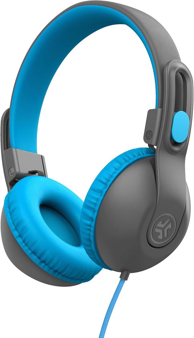 JLab JBuddies Studio 2 On-Ear Kids Wired Headphones, Grey/Blue, Toddler Headphones, Kid Safe, Studio Volume Safe, Volume Limiter, Folding, Adjustable, Noise Isolation, with Mic