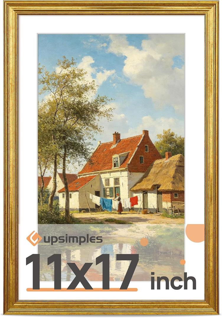upsimples 11x17 Picture Frame, Vintage Frames Decor, 1Pack Gold | Fit 9x15 and 11 x 17 Poster, Wall or Tabletop Display, Antique-style Decoration, Rustic Farmhouse Decor, For Weddings