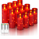 Homemory 12Pcs Flameless Candles with Star String Fairy Lights, Flickering Battery Operated Candles, LED Fake Candles with Remote and Timer, Christmas, Weddings, Home Decor, Red