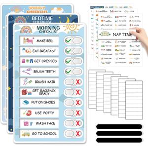 3 in 1 Bedtime/Morning/Weekly Routine Chart for Kids, Magnetic Chore Chart for Kid, Visual Schedule for Kid Toddlers Schedule Board for Home