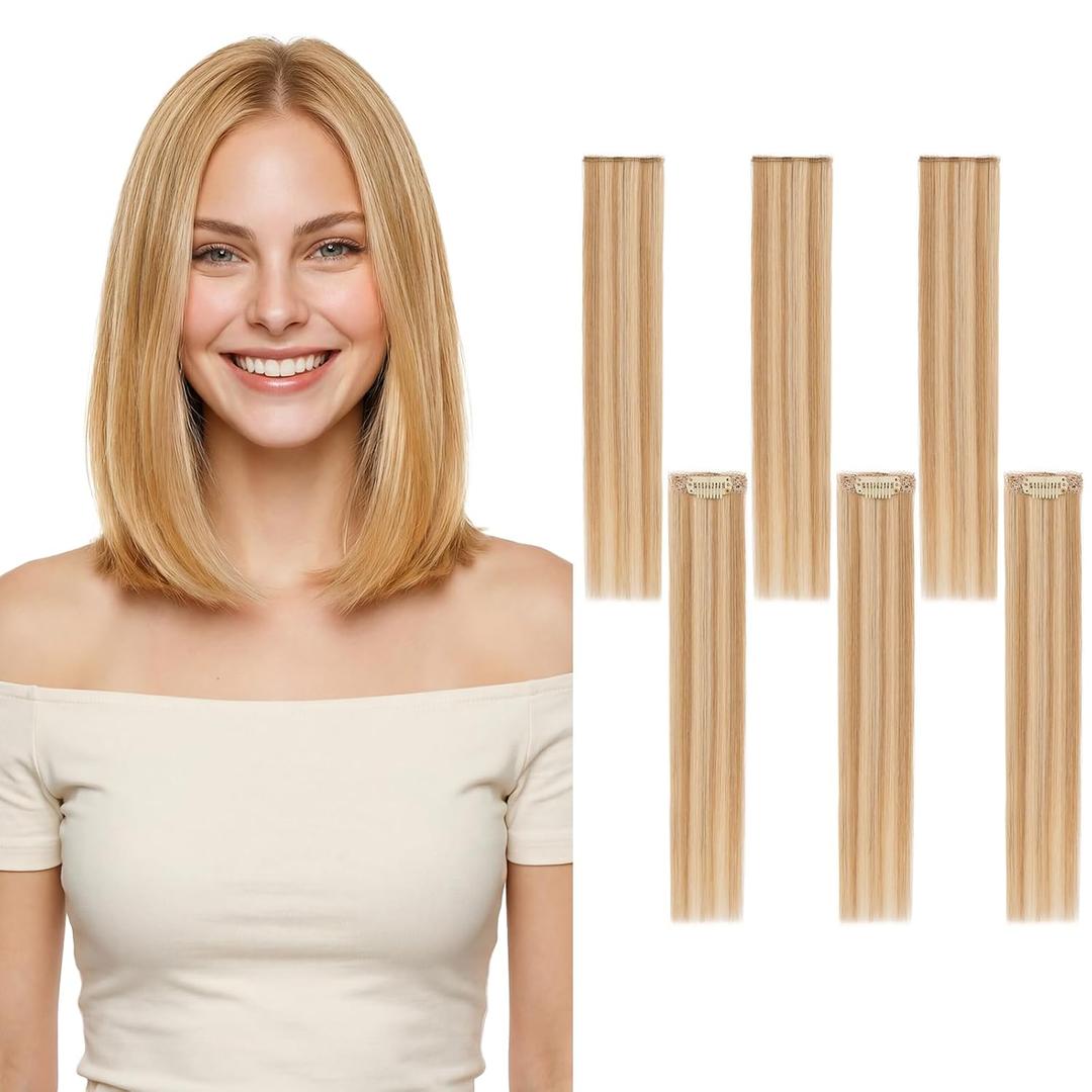 Clip in Hair Extensions Real Human Hair Short Clip in Extensions for Women Short Straight Hairpieces to Add Volume and Highlights 10 Inch Golden Brown & Bleach Blonde