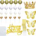 Gyufise 40Pcs Crown Cake Topper Balls Happy Birthday Cake Toppers Crown Birthday Candles Butterflies Corona Para Pastel Cake Decorations for Wedding Baby Shower Party Decorations Gold