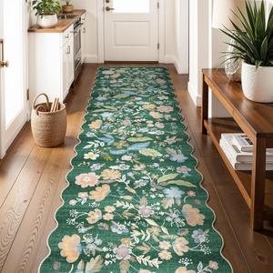 3x12 Washable Hallway Runner Rug: Non Slip Floral Scalloped Runner Rugs for Kitchen 12ft Long Floor Mat for Indoor Entryway Boho Carpet Runner for Living Room Bedroom (Green, 3x12)