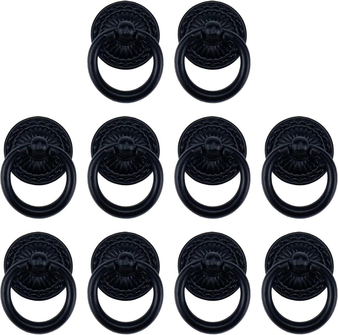 MY MIRONEY 10 Pack Vintage Cabinet Handles, Black Ring Drawer Pulls, Zinc Alloy Hardware Knobs with Screws for Kitchen, Dresser, Cabinet