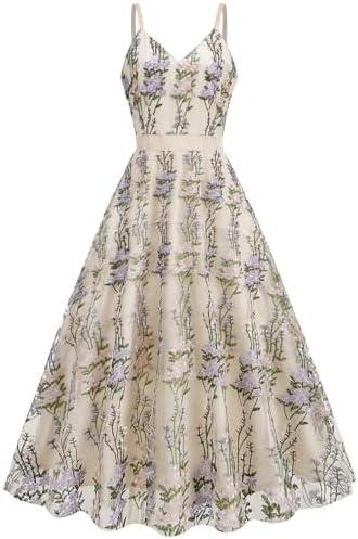 Long Floral Embroidery Dress for Women Flower Embroidered Maxi Dress Spaghetti Straps Formal Evening Party Tulle Prom Dress L