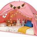 Twin Bed Tent for Kids, Girls Bed Tent Canopy Sleeping Tent Breathable Privacy Space Dream Playhouse with Stars Light & Flags, Toddler Indoor Floor Play Tent for Girls, Birthday Children‘s Gift, Pink
