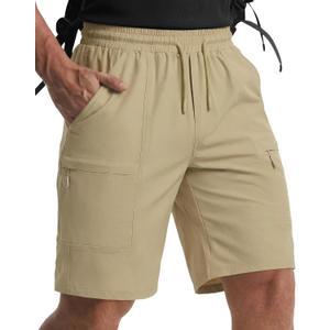 Men's Stretch Cargo Shorts Relaxed Fit Drawstring Elastic Waist Outdoor Work Hiking Athletic Shorts with 5 Pockets (Khaki)
