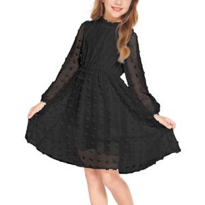 Flypigs Girls Dresses Swiss Dot Flared Sleeve Ruffle Collar Party Dress Casual Midi Dress for Kids Girl 5T-13Y (Black)