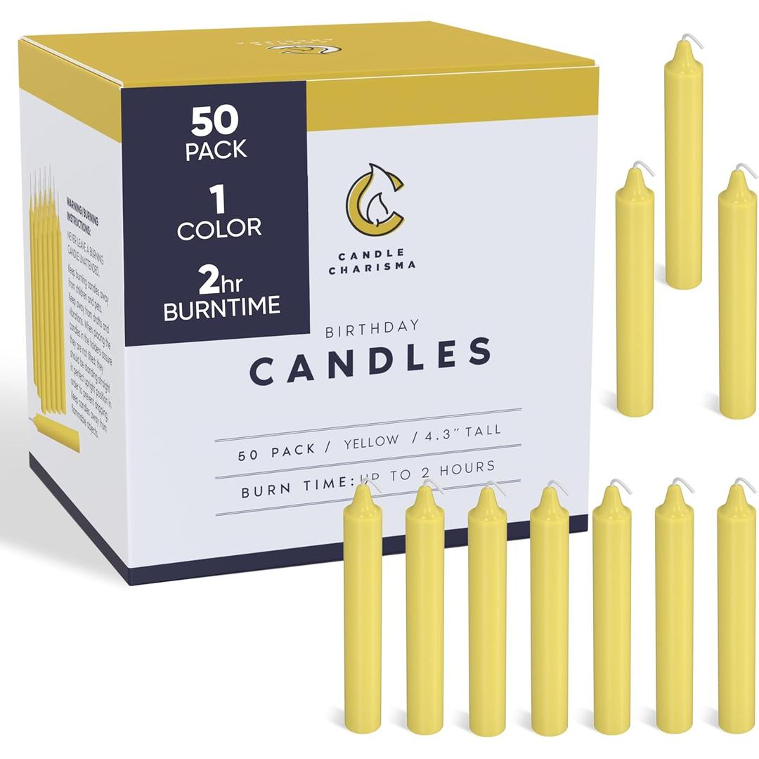 Candle Charisma 50 Yellow Spell Candles - 4" Unscented Paraffin Chime Candles, Smokeless & Dripless, Colored Candles, Long Burn Time 1/2 Inch Taper Candles for Rituals, Witchcraft and Parties