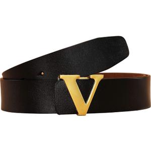 Men's Classic Gold/Silver V-Buckle Design Soft Calfskin Belt, Size: 43.3 inches (37-39)