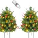 2 Pack Prelit Outdoor Christmas Tree 30 Inch, Remote Control Battery Operated with 100 Warm White MultiColor Changing LED Lights, Small PreDecorated Green Xmas Tree for Pathway, Porch