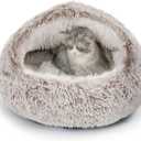 CATISM Plush Hooded Cat Bed, Calming Nest, Self-Warming Cave, Cozy Pod for Indoor Cats or Small Dogs, Removable Washable Cove With Non-Slip Bottom (21.0"L x 21.0"W x 15.0"Th, Coffee)