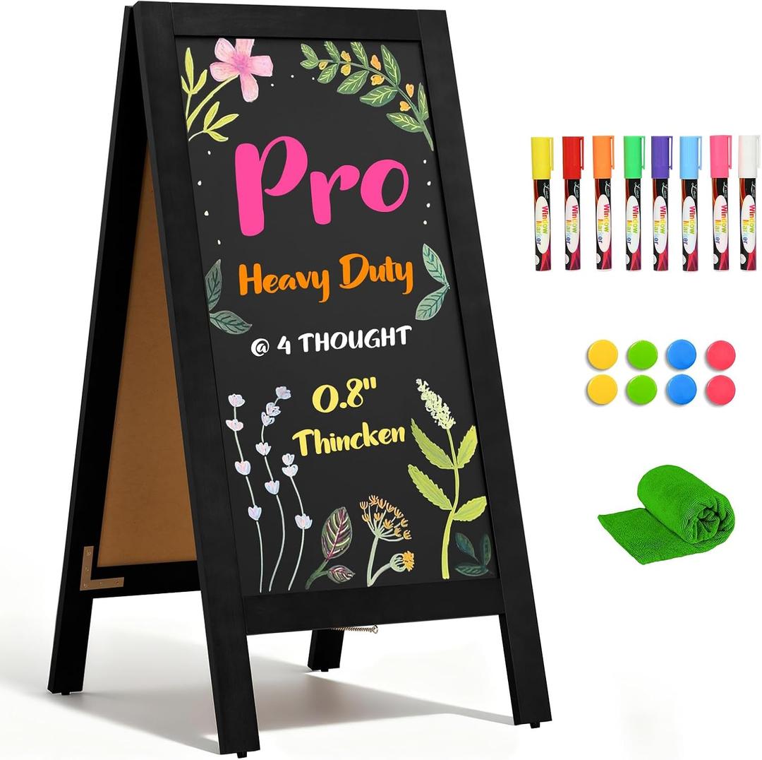 4 THOUGHT Heavy Duty A-Frame Magnetic Chalkboard 40"x20", 0.8" Thickened Solid Pine Wood Sandwich Board, Sturdy Windproof Standing Sign for Outdoor Restaurants, Cafes (Black)