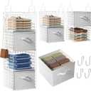 Hanging Closet Organizer with Drawers, 4 Tier Metal Closet Organizers and Storage with 4 Hanging Hooks 4 S-Hooks for Wardrobe Laundry Room, Wire Storage Shelf for Clothes Sweaters Pants (White)