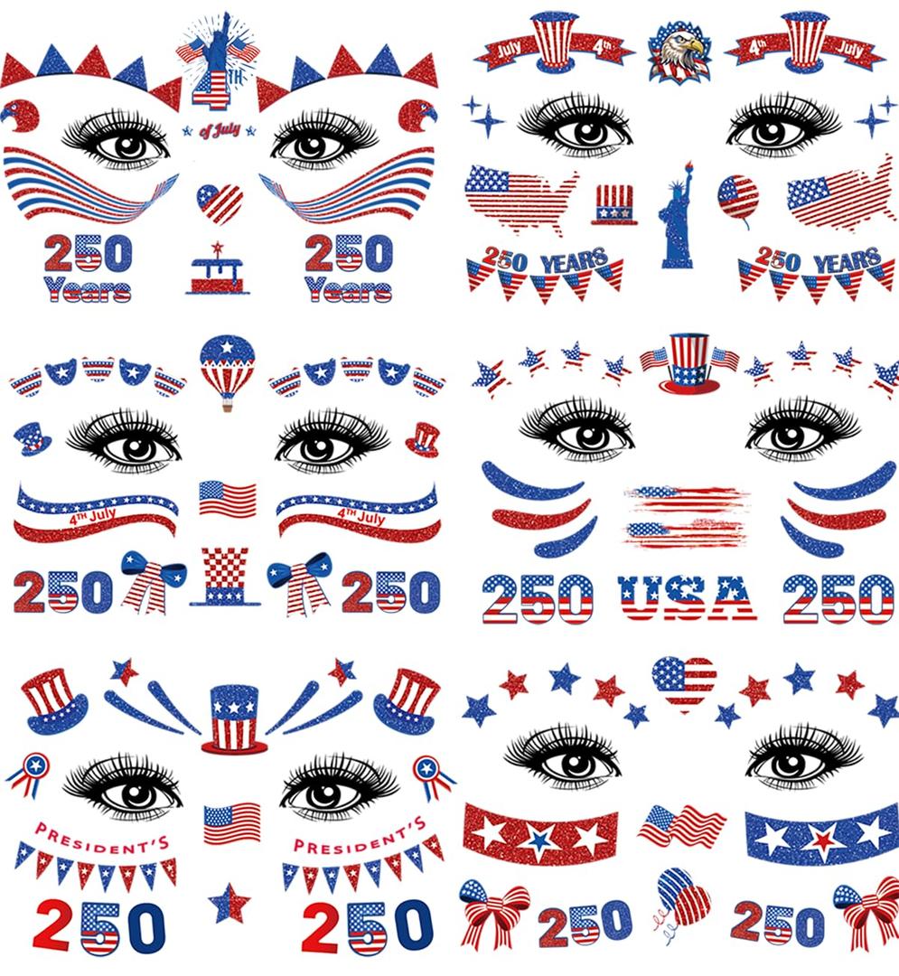 4 x 250th Anniversary Patriotic Face Temporary Tattoos for Women Kids Adults, 6 Sheets Waterproof 4th of July Face Tattoos Stickers with USA Flag Stars Eagle Fireworks Designs for Independence Day Party