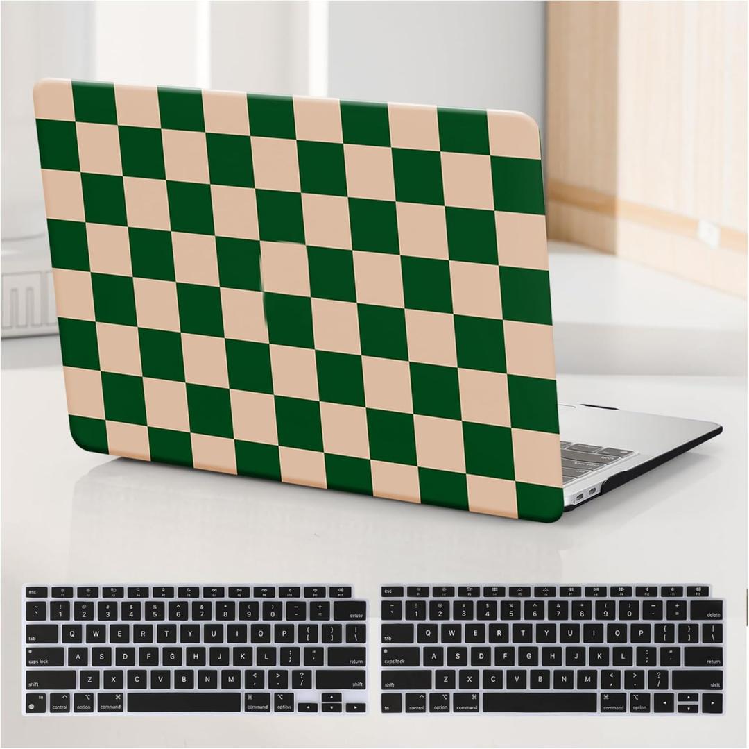 Compatible with MacBook Pro 13 inch Case M2 2026-2023,2022-2016 A2338 M1 A2251 A2289 A2159 A1989 A1708 A1706, Checkered Textured Cream Plastic Hard Shell & Keyboard Cover, Checkerd Green