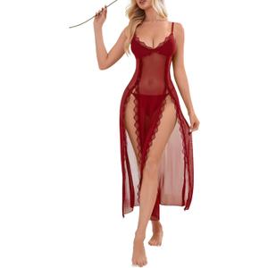 Foxiny Sexy Side Split Long Lace Sheer Lingerie Dress V Neck Night Gowns with Thong 2 Piece Set (Red, XXL)