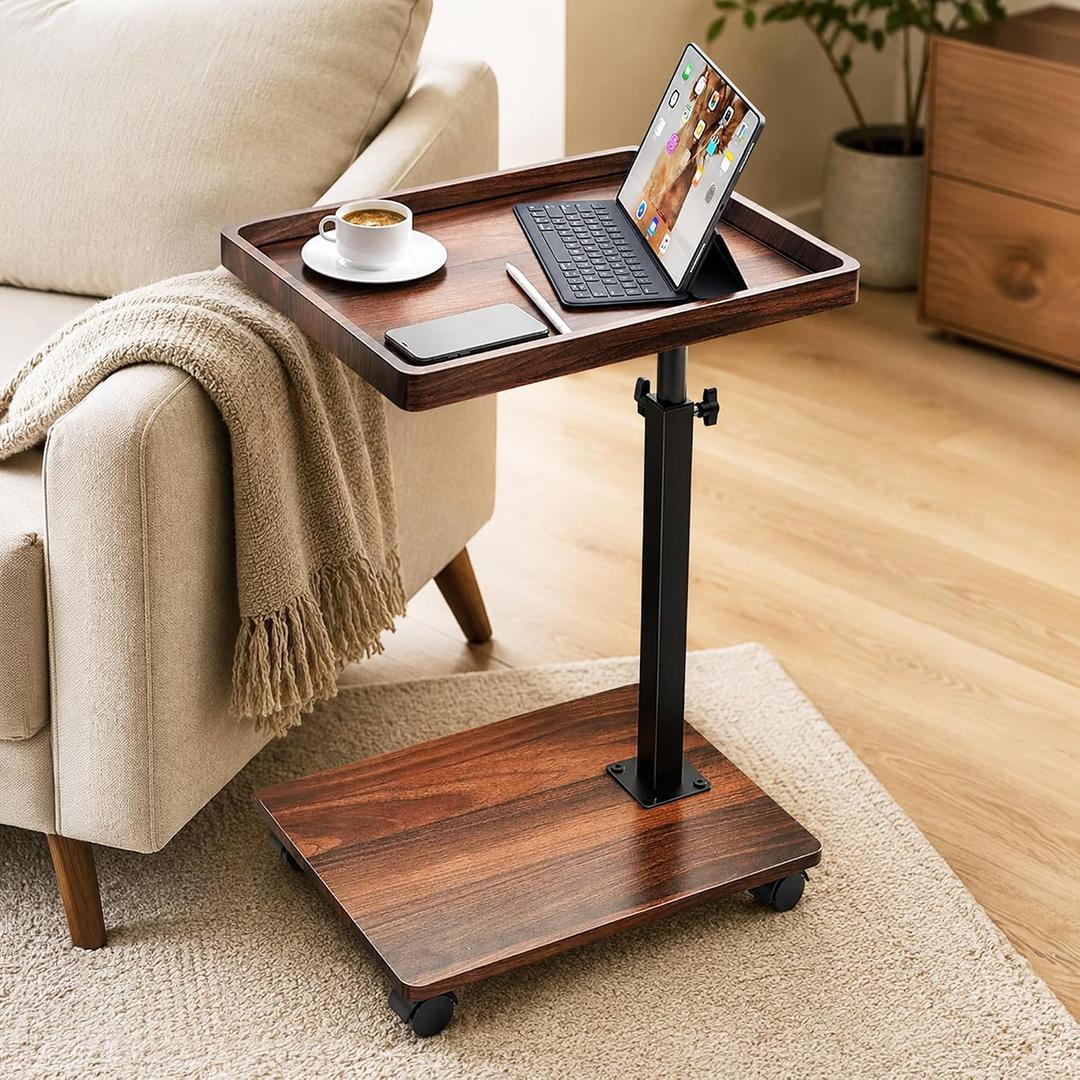 C-Shaped End Table, Adjustable Height, 360° Swivel TV Tray Table, Side Table, Anti-Fall Edge, Rounded Corners, Locking Clamp, Rolls Any Direction, Laptop, Snacks, Drinks, 30cm x 40cm x 50cm