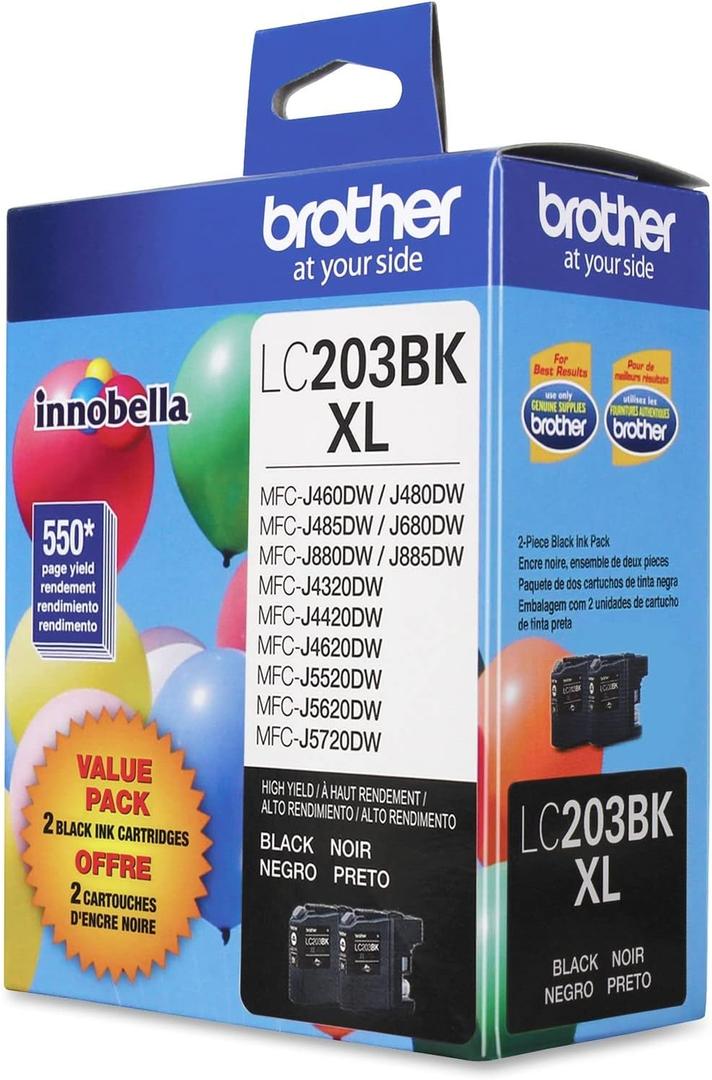 Brother Genuine High Yield Black Ink Cartridges, LC2032PKS, Replacement Black Ink Two Pack, Includes 2 Cartridges of Black Ink, Page Yield Up To 550 Pages/Cartridge, LC203