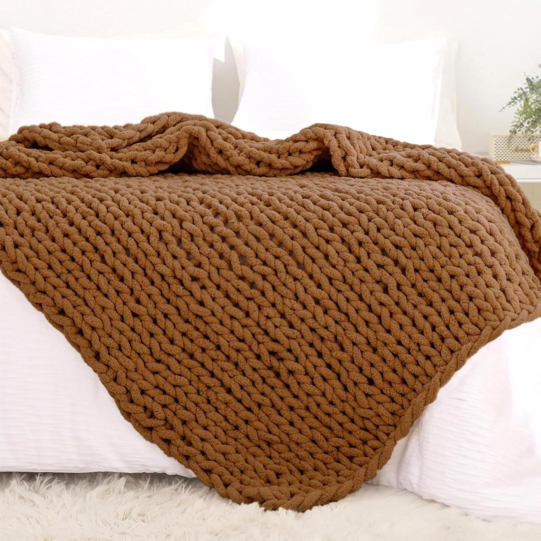 YAAPSU Chunky Knit Throw Blanket for Couch, 51"x63", 100% Hand Knitted Thick Cable Knit with Cozy Jumbo Chenille Yarn, Soft Large Rope Knot Crochet Blankets for Sofa Bed Living Room Dcor, Caramel