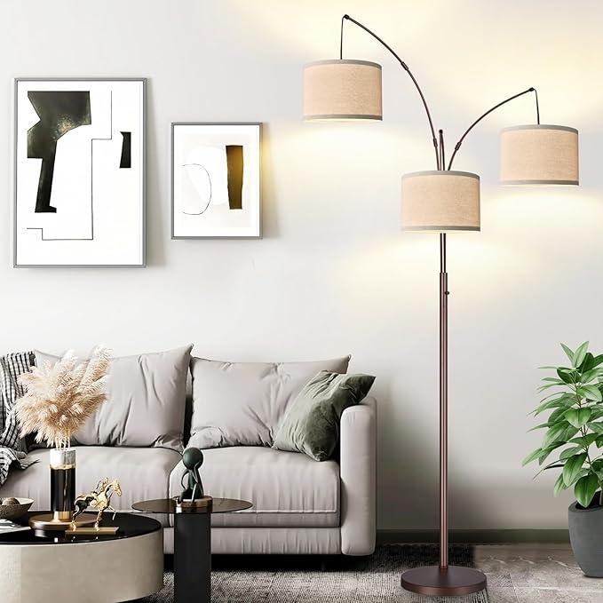 Dimmable Floor Lamp  3 Lights Arc Floor Lamps for Living Room, 1000LM Modern Tall Standing Lamp With Beige Shades & Heavy Base, Mid Century Tree Floor Lamp for Bedroom Office, 3 LED Bulbs Included