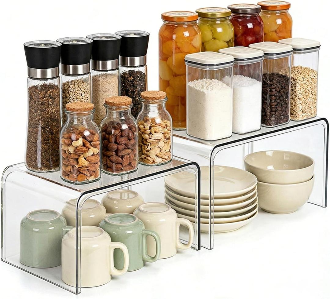 Clear Cabinet Organizer, Shelf Organizer Set of 2 for Kitchen Pantry Organizers and Storage, Display Cabinet Shelf Room Decor Countertop Desk Shelves, Patented Spice Organization for Cabinet