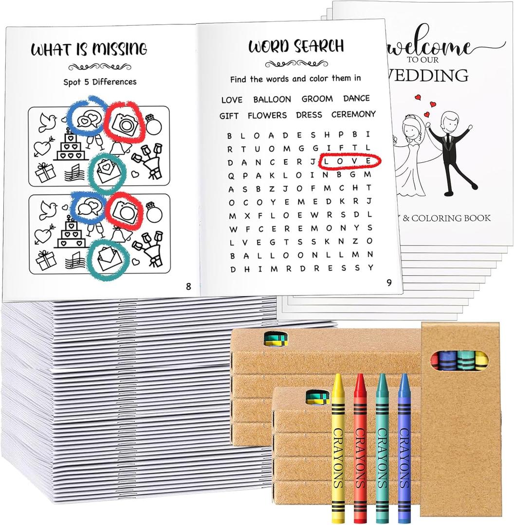 40 Pcs Wedding Activity Set for Kids Include 20 Wedding Coloring Books 20 Crayons Wedding Gifts Kids Table Activities Game Wedding Party Favors