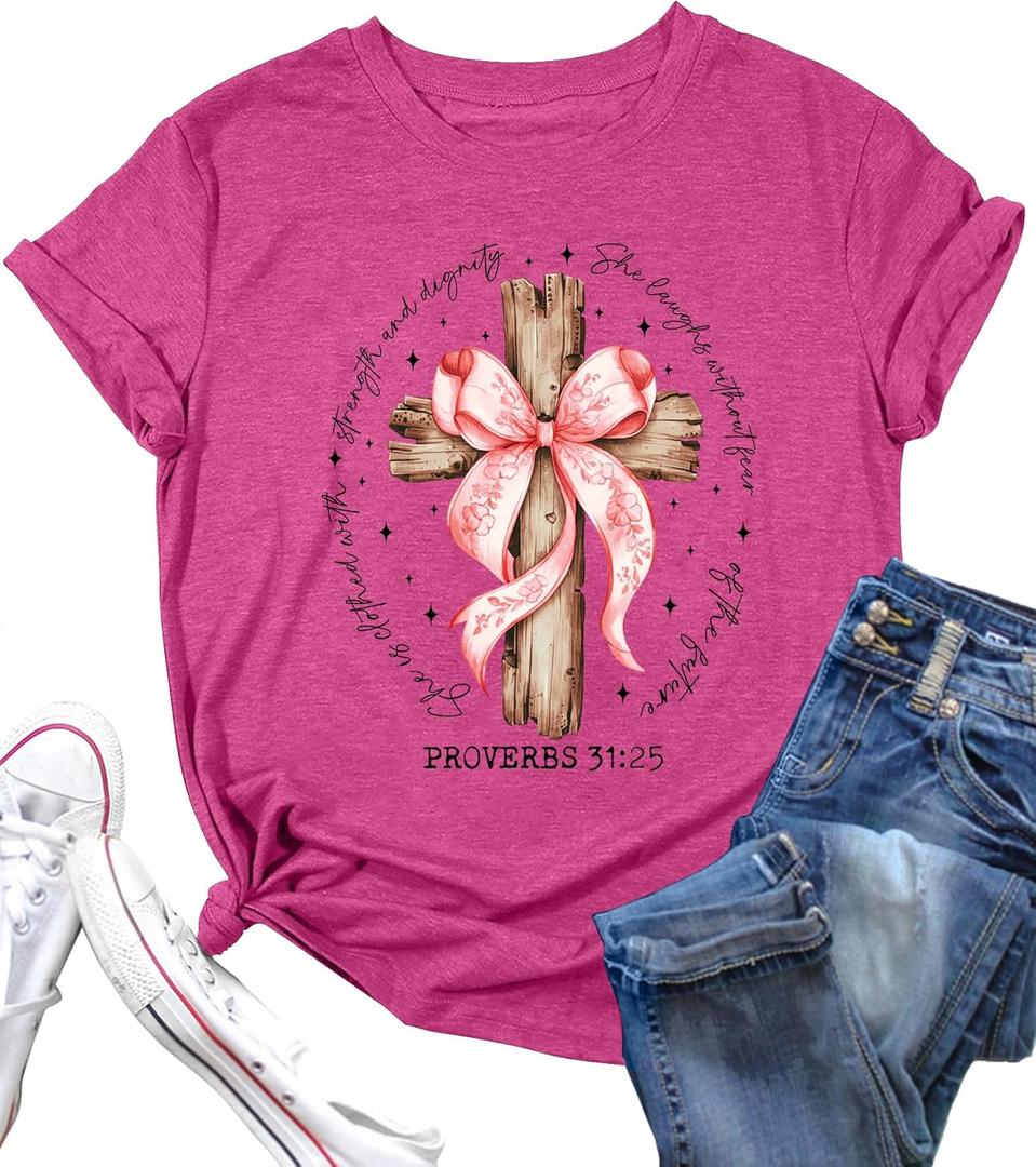 2 x Christian Shirts for Women: Cross T-Shirt Pink Bow Graphic Tee Fall Bible Verse Shirt Religious Faith Tops (Pink, XL)