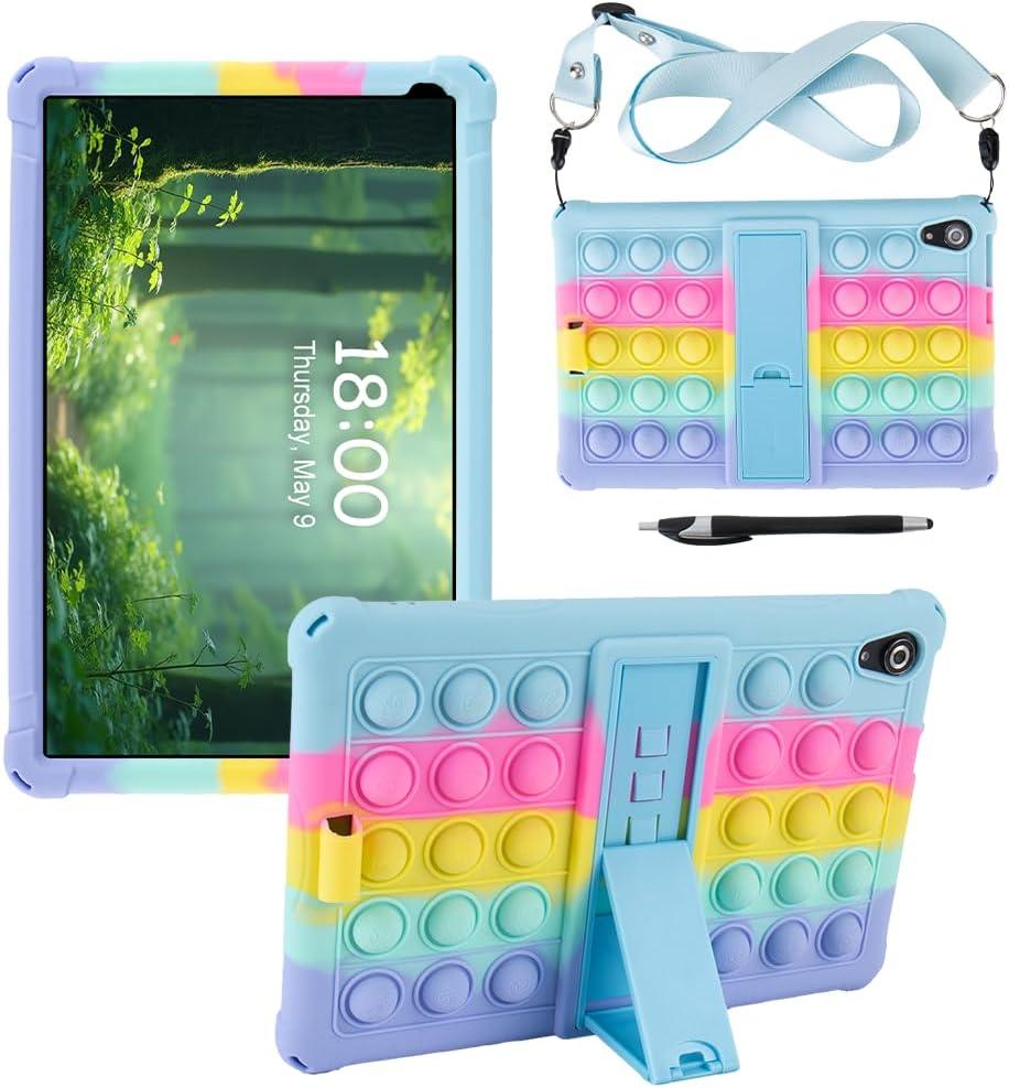 for Urao 10.1 inch Tablet Case, Kids Soft Silicone Cover with Shoulder Strap Stand, for Urao 10.1'' C107 Tablet Case, Dark Blue