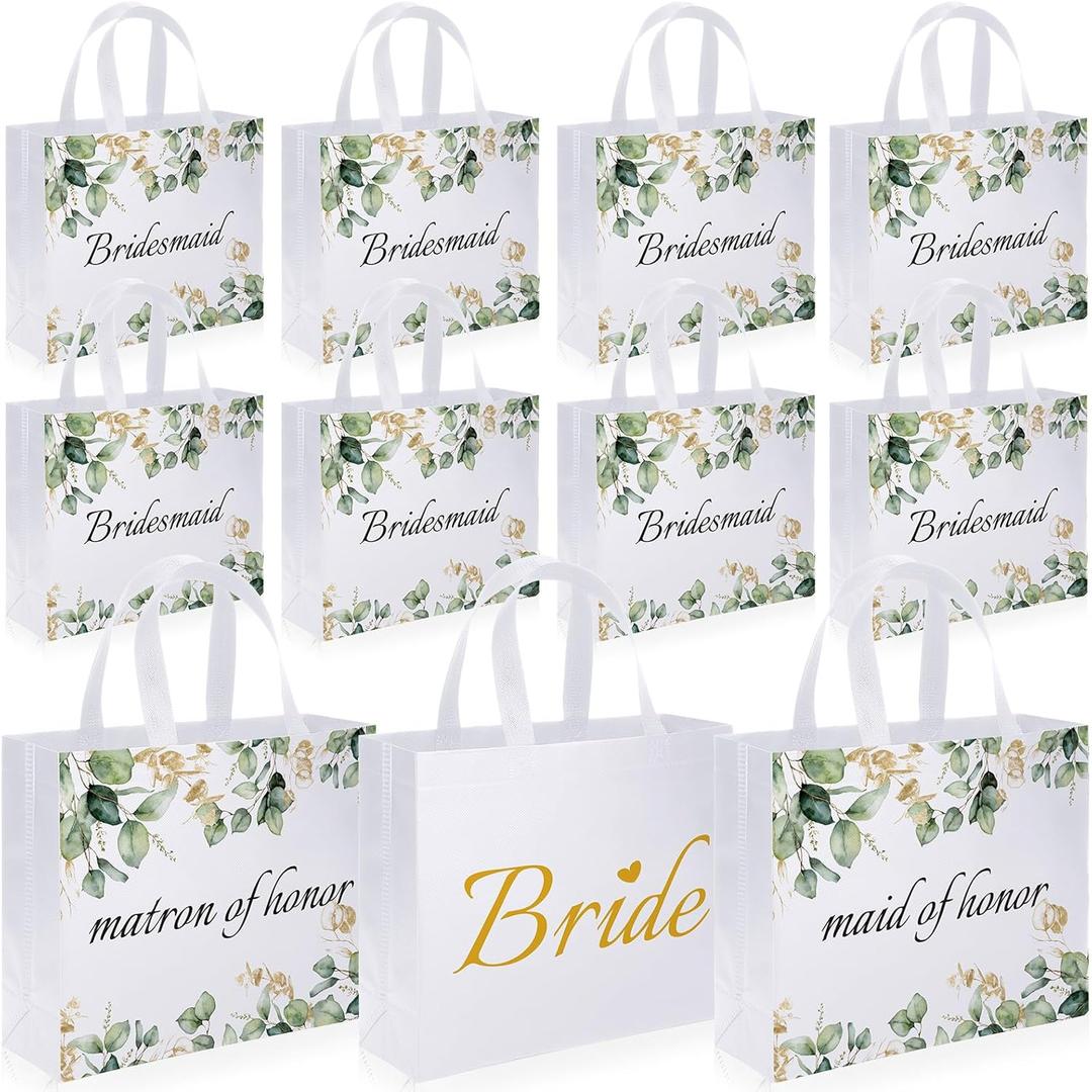Set of 12 Greenery Eucalyptus Bridesmaid Tote Bags Large Reusable Bridal Shower Gift Bags with Handle for Wedding Bridal Shower Proposal Bachelorette Supplies 11.8 x 3.9 x 9.8 Inch