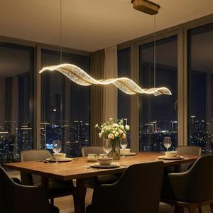 Modern LED Chandelier, Wave-Shaped Pendant Light with Gold Frame and Starry Acrylic Shade, Dimmable Ceiling Light Fixture for Dining Room, Kitchen Island, Living Room, Bedroom