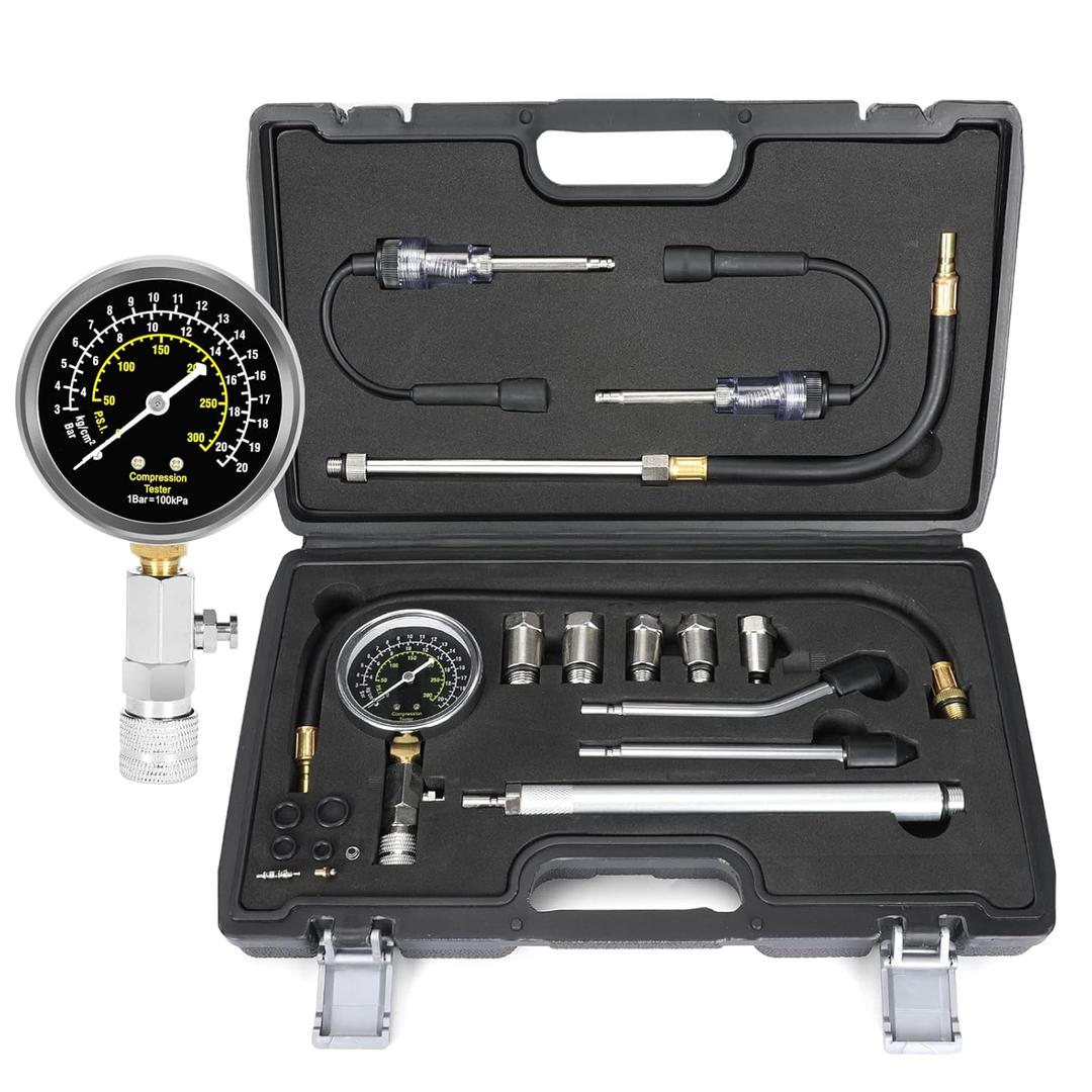 BETOOLL 13pcs Compression Tester with Spark Plug Tester - 300PSI Engine Cylinder Compression Gauge Automotive Tool (Normal)