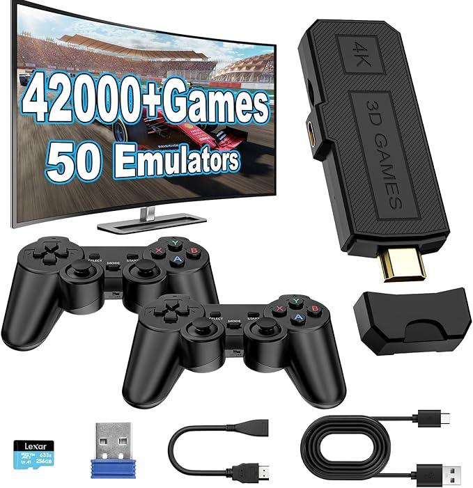 2025 Latest Wireless Retro Game Stick,Arcade Pandora Stick,Built in 42,000+ Games with 50+ Emulators,4K HDMI Output,Plug and Play TV Video Game Stick,256GB Memory Card,with Dual 2.4G Controllers