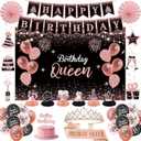 Rose Gold Birthday Decorations for Women - 37Pcs "Happy Queen" Party Kit with Banner, Backdrop, Tiara, Sash, Cake Topper, Latex Balloons, Hanging Swirls, Centerpieces | All Ages Party Supplies