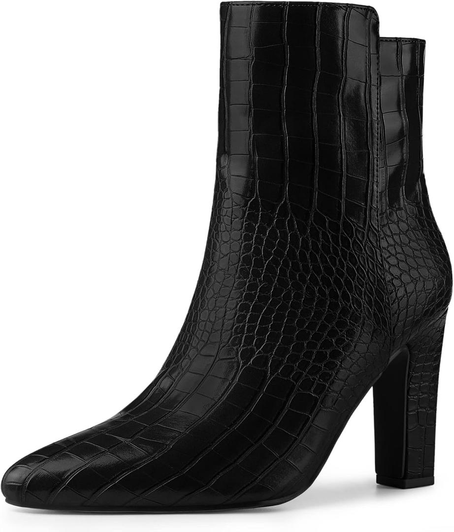 Allegra K Women's Printed Pointed Toe Chunky Heels Ankle Boots (9) Black
