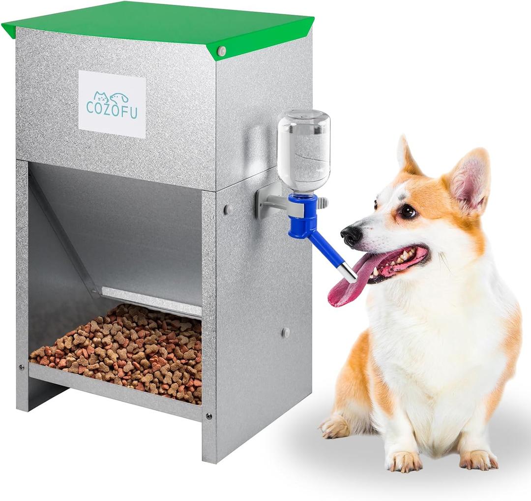 Automatic Gravity-Fed Dog Feeder with Water Bowl - Galvanized Steel Indoor/Outdoor Pet Food Station - 25lb Heavy-Duty Kibble Dispenser for All Dog Sizes (Green (Kettle))