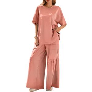 CHERFLY Women's 2 Piece Outfits Casual Lounge Sets Loose Short Sleeve Top Wide Leg Pants with Pockets Fashion Tracksuits Trendy 2025 (Blush Pink, L)