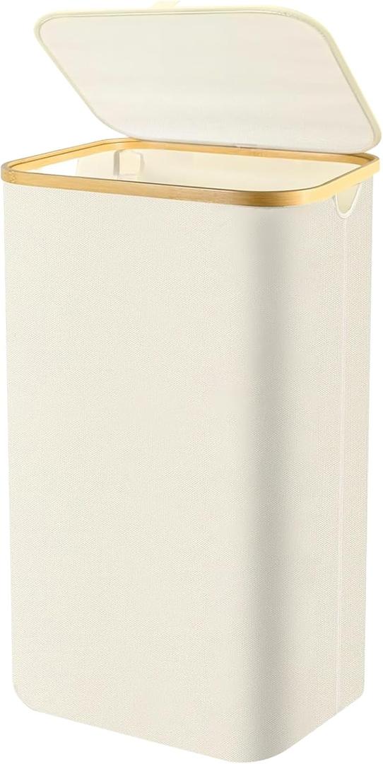 Slim Laundry Hamper with Lid - 60L Narrow Laundry Hamper with Lid, Dirty Clothes Hamper Small Hampers for Small Space, Slim Laundry Basket with Bamboo Handle (Beige)