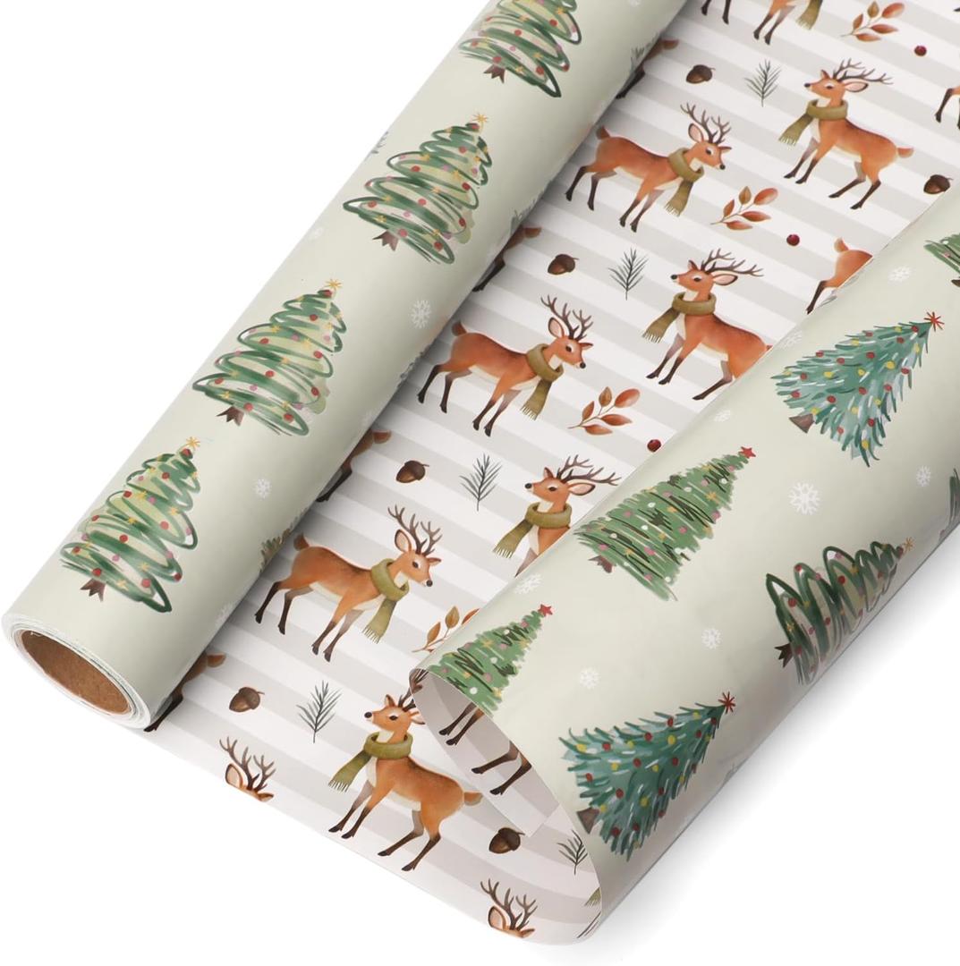 Ribbli Christmas Wrapping Paper Mini Roll Reversible Sage Green Christmas Tree and Reindeer Gift Wrapping Paper Rolls Holiday Presents Decoration-17 Inch x 33 Feet