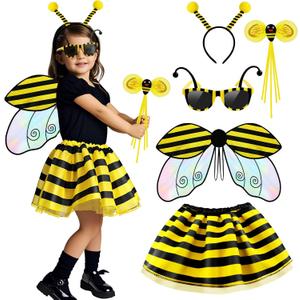 Latocos 5pcs Girls Bee Costume Kids Toddler Bumblebee Wings Tutu with Glasses Crown Headband Halloween Dress Up Gift (One Size Fits 3T-8Y)