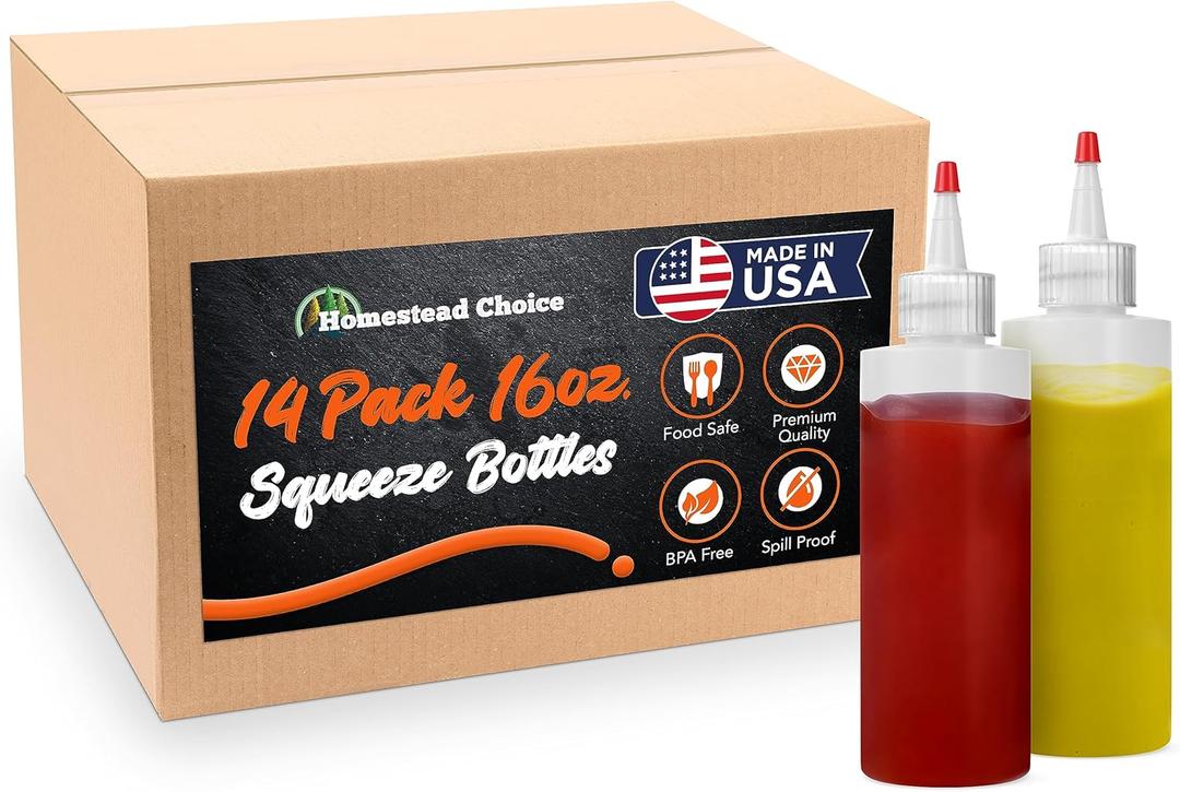 Made in USA 14-pack Plastic Squeeze Bottles for Sauces - 16oz Condiment Squeeze Bottles for Liquids, BPA Free Squirt Bottles with Cap - Ketchup, Syrup, Oil, Dressings, Honey & Arts and Crafts